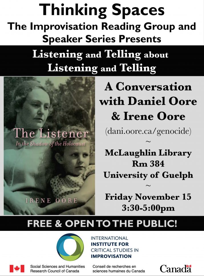 Thinking Spaces event Listening and Telling poster with cover of the book The Listener and details about the event