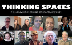 Faces of all the 2020-2021 Thinking Spaces presenters. Text reads:Thinking Spaces: The Improvisation Reading Group & Speaker Series