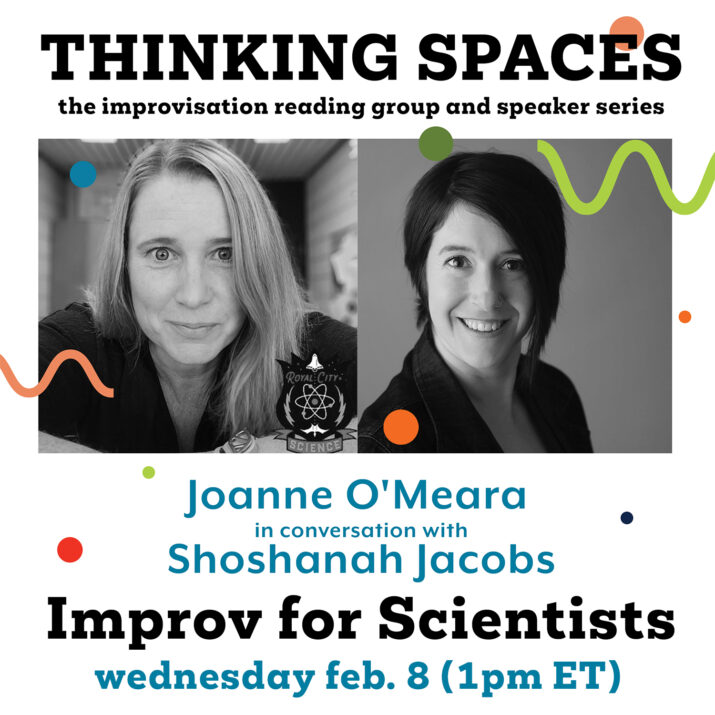 Thinking Spaces poster. On the left is a black and white photo of Joanne O'Meara, and on the right is a black and white photo of Shoshanah Jacobs. Above them is the title Thinking Spaces.