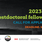 A black graphic with green, blue, and orange writing on an abstract black background. 2023 postdoctoral fellowships. call for applications. deadline May 1, 2023.