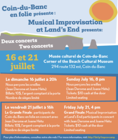 Colourful poster featuring an illustration of a sun, rock, and the ocean. Large font reads, "Musical Improvisation at Land's End presents: two concerts, July 16th and 21st in Gaspé."