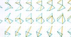 decorative graphic of geometric shapes in blue and yellow.