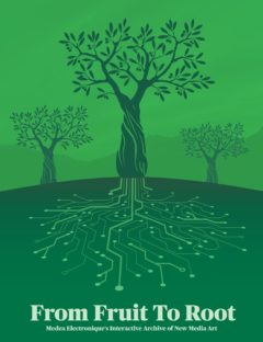 A digital drawing of 3 trees with roots that ressemble computer cables stand, in dark green, in front of a lighter green background.