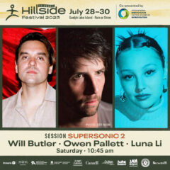 Event poster for the session IICSI's co-presentation at Hillside Festival 2023, taking place July 29, at 10:45 a.m. Headshots of the artists Will Butler, Owen Pallett, and Luna Lee are spotlighted left to right. The poster features images and texts advertizing the event sponsors.