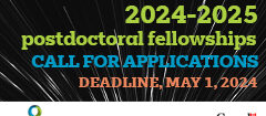 Coloured text over an abstract black and white image: 2024-2025 postdoctoral fellowships, call for applications, Deadline, May 1, 2023. Acknowledgements are made to IICS and SSHRC