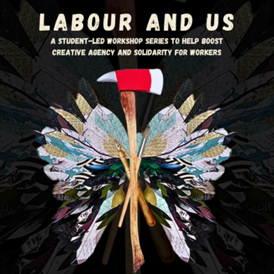 Graphic for Labour and Us: A Student-Led Workshop Series to Help Boost Creative Agency and Solidarity for Workers. An image of a fire axe is laid over paintbrushes, and a colourful collage in the shape of a butterfly