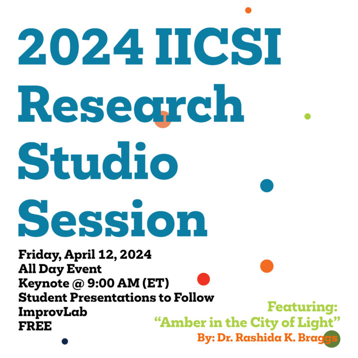 Graphic for the 2024 IICSI Research Studio Session. Firday, April 12, 2024. All Day Event. Keynote @ 9:00 AM (ET). Student Presentations to Follow. ImprovLab. Free.