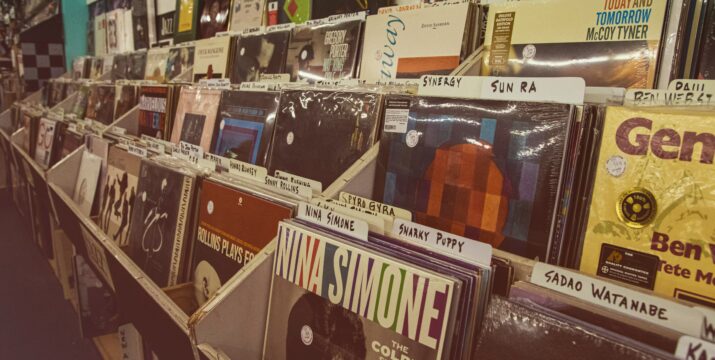 An image of LPs on a record store shelf. Nina Simone is the focus