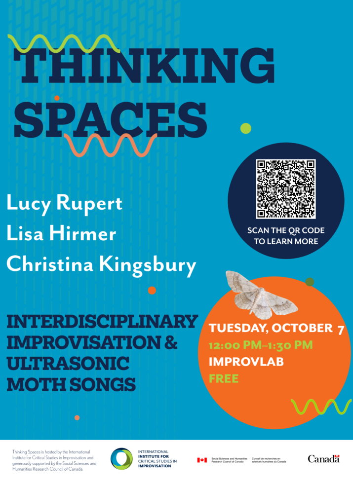 Poster for Moth Garden Thinking Spaces event, featuring a blue background with vertical dashed green lines, a QR code, colourful dots, an orange circle with the greyscale image of a moth over top. Text is replicated in the event listing.
