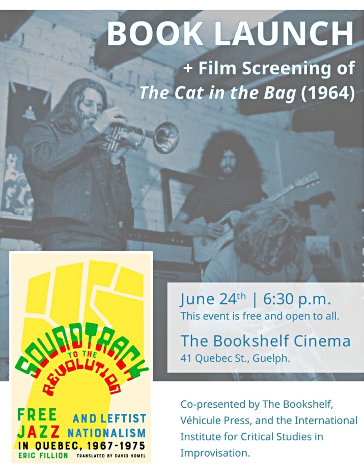 A poster featuring a blue filtered black and white image of a trumpet player and a guitarist performing together on stage. The poster also includes the cover of Eric Fillion's new book and text which is replicated in the event description.