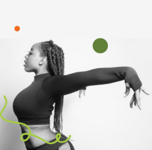 A waist-up photo of Infinite "Ivvy" Johnson in profile against a white background. She is bending forward slightly with her arms stretched out behind her. Image is filtered in greyscale with colourful dots and a squiggly line added.