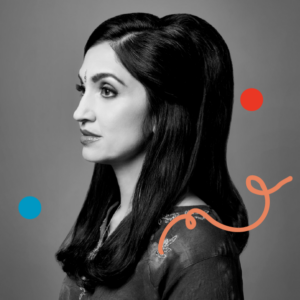 A photo of Bageshree Vaze in profile, looking to the left of the frame. Image has been filtered in greyscale with colourful dots and a squiggly line added.