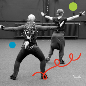 A photo showing two dancers in a grey room, taken from behind as they face away from the camera with their arms outstretched. The dancer nearest to the camera is wearing an EEG cap with wires running to a backpack. Image has been filtered in greyscale with colourful dots and a squiggly line added.