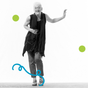 A photo of Heather Cornell striking a pose with one arm across her body and another out to her side. Her eyes are closed and she is smiling. She is standing on a concrete floor against a bright white background. Image has been filtered in greyscale with colourful dots and a squiggly line added.