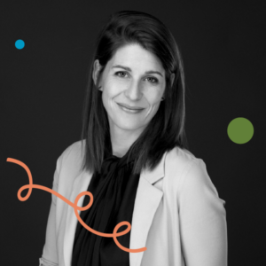 A photo of Vanessa Blais-Tremblay smiling against a dark background. Image has been filtered in greyscale with colourful dots and a squiggly line added.
