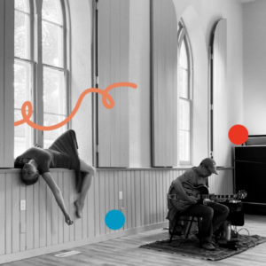 A photo of Aimée Dawn Robinson in a red dress, lying on the sill of a double lancet window while guitarist Eric Chenaux performs seated to the right side of the frame. Image has been filtered in greyscale with colourful dots and squiggly lines added.