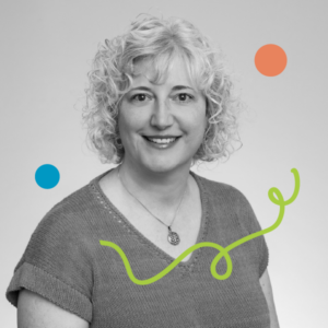 Head and shoulders portrait of Amy Bowring smiling at the camera against a grey background. Image has been filtered in greyscale with colourful dots and squiggly lines added.