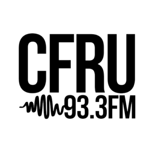 Logo for CFRU 93.3 FM student radio at the University of Guelph.  Black text reads CFRU 93.3FM, with a squiggly radio wave / audio signature next to the frequency number.
