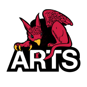 Logo for the College of Arts at the University of Guelph, depicting a red gryphon resting on top of the word "ARTS".