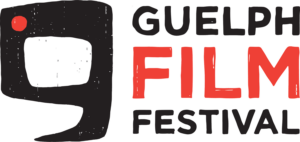 Guelph Film Festival Logo. Stylized, handwritten black and red text reads Guelph Film Festival on a white background. To the left is a hand-drawn speech bubble with a red recording LED in the top-left corner.