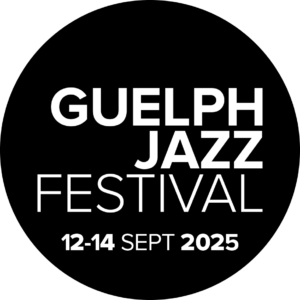 Logo for the Guelph Jazz Festival. White text on a black circular background reads Guelph Jazz Festival 12-14 Sept 2025