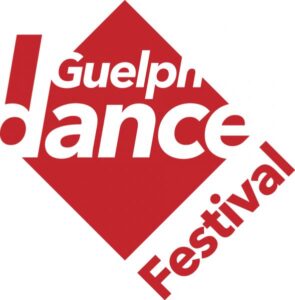 The logo for the Guelph Dance festival. White text reading "Guelph Dance" appears on a red diamond with a red cutout next to it. The "d" in dance forms an exclamation mark with this cutout. The word festival appears diagonally from low left to upper right in red text beneath the diamond.