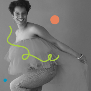 Photo of Emilie Jabouin with one leg raised, standing against a wall with her arms stretched behind her, holding the fabric of her top. She is smiling at the camera. Image is filtered in greyscale with colourful dots and a squiggly line added.