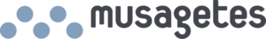Musagetes logo. Five blue dots, horizontally arranged like inverted Olympic rings (two up, three down) are to the left of black lower-case text reading musagetes.