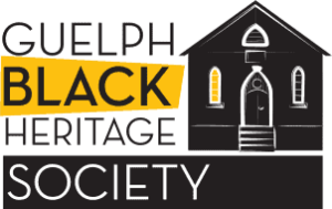 The logo for the Guelph Black Heritage Society. Black text on a white, yellow, and black background reads Guelph Black Heritage Society. To the right of the text is a black silhouette-style image of the Heritage Hall, which is a small converted church.