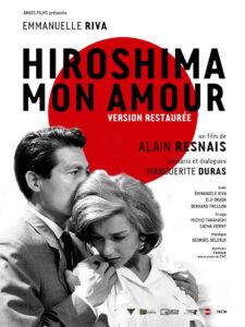 Poster for Hiroshima mon amour featuring a black and white image of a man and embracing a woman's shoulders from behind as she looks down and to her right. The background is white with the red rising sun of the Japanese flag. Black and white text contains the title and credits.