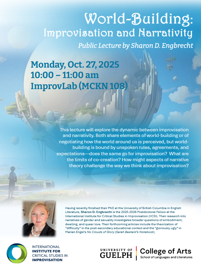 Poster for Dr. Sharon D. Engbrecht's lecture, featuring a fantasy image of a globe with a cityscape against a partly cloudy sky. A photo of Dr. Engbrecht is inset next to text describing their bio.