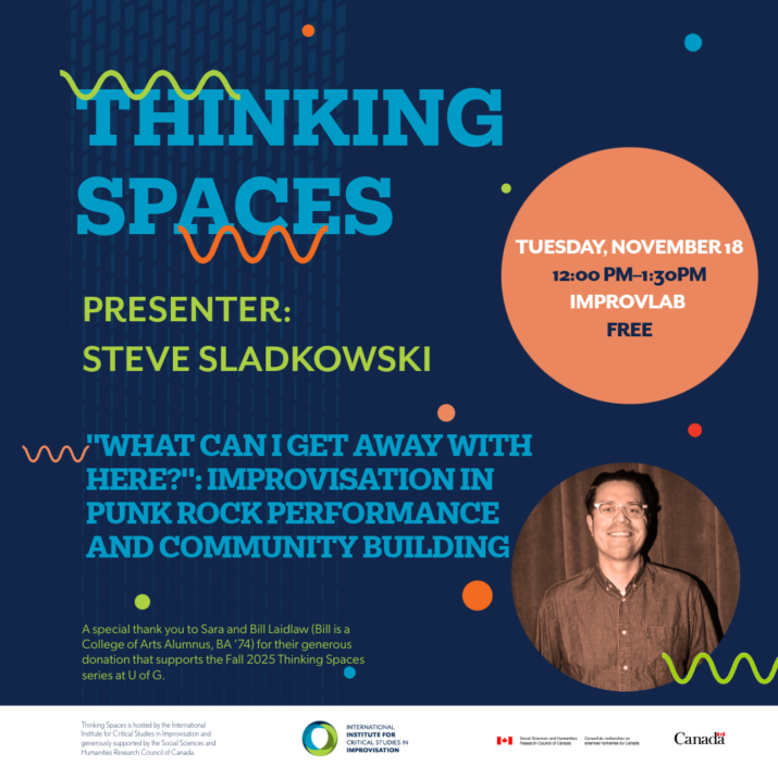 Poster for Steve Sladkowski's Thinking Spaces presentation. Dark blue background with colourful dots and squiggly lines, featuring light blue and green text describing the event. An orange-filtered circular inset portrait of Steve Sladkowski is present in the bottom right, below an orange circle with the date, time, and location of the event contained in blue and white text within it. Sponsor logos for IICSI and SSHRC are present at the bottom of the poster, against a white background.