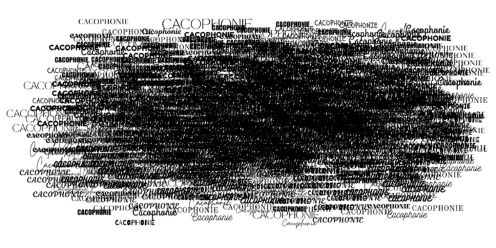 An image of hundreds of instances of the word CACOPHONIE overlaid on each other in different black fonts on a white background, giving the impression of a chaotic black cloud.