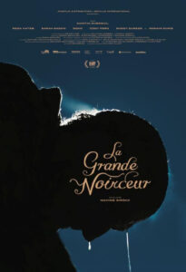 Poster for La Grande Noirceur, with pink credit text and pink cursive title text against an image of a person in profile with their head bowed, seen from their right side and silhouetted in darkness against a dark blue background.
