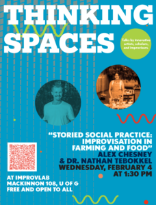 Poster for Thinking Spaces event featuring Alex Chesney & Dr. Nathan TeBokkel. Blue vertical rectangular background with white, navy, and black lettering providing event information. Green, orange, and red wavy lines and dots decorate the image. Blue and orange filtered circular inset images show Dr. Nathan TeBokkel and Alex Chesney.
