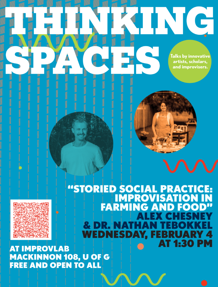 Poster for Thinking Spaces event featuring Alex Chesney & Dr. Nathan TeBokkel. Blue vertical rectangular background with white, navy, and black lettering providing event information. Green, orange, and red wavy lines and dots decorate the image. Blue and orange filtered circular inset images show Dr. Nathan TeBokkel and Alex Chesney.