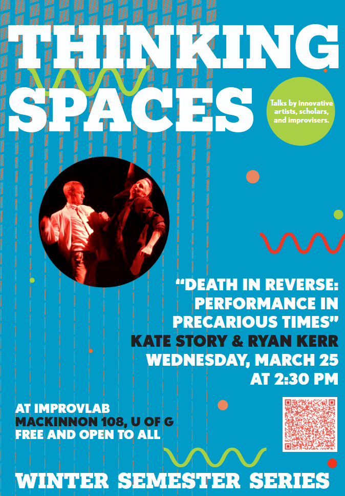 Poster for Thinking Spaces event featuring Kate Story and Ryan Kerr. Blue vertical rectangular background with white, navy, and black lettering providing event information. Green, orange, and red wavy lines and dots decorate the image. Orange filtered circular inset photo shows Kate Story and Ryan Kerr striking dramatic poses against a dark background.