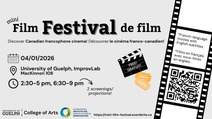 Poster for the Mini Film Festival de film. Black text on a grey background provides relevant event information, which is replicated in the listing below. Diagonally across the right side of the image is a graphical representation of a film strip, containing text and a QR code. To the left of this is a film slate reading FREE! GRATUIT!. Partner logos are arrayed along the bottom of the image.