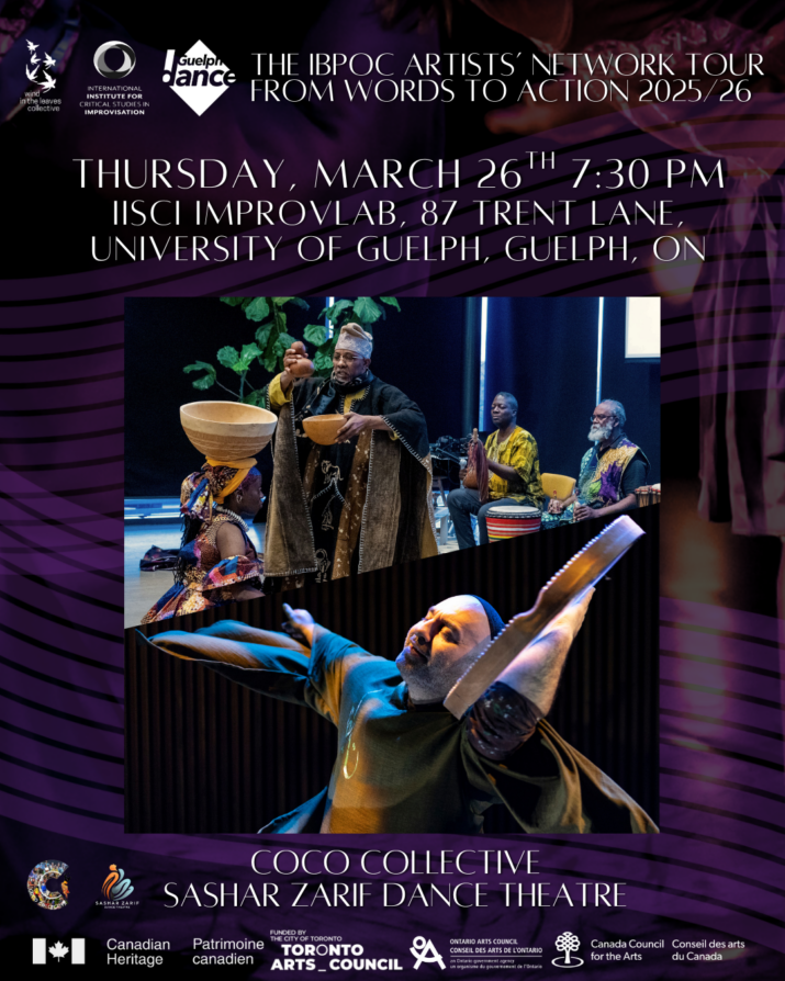 Poster for IBPOC Artists' Network Tour, titled "From Words to Action 2025/26," featuring a photograph of performers from Coco Collective and Sashar Zarif Dance Theatre in dance poses. Event details include date, time, and location at University of Guelph, with logos of supporting organizations and sponsors displayed at bottom.