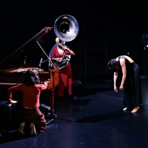 Photo of Liberté-Anne, Julie Richard, and Yesenia Fuentes performing at GJFC 2025.