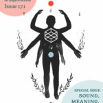 Cover of issue 17.1 of the Critical Improvisation Studies journal, featuring a tarot-style black drawing of a person with multiple limbs in different states of extension and raising, with mystical symbology against a white background. In the upper left corner is a large pink circle featuring the title information for the issue; in the lower right corner is a large green circle containingCo the names of the editors.