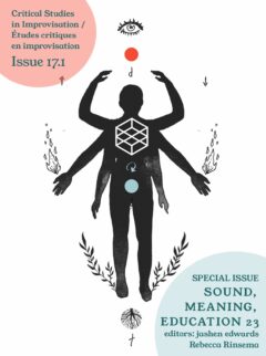 Cover of issue 17.1 of the Critical Improvisation Studies journal, featuring a tarot-style black drawing of a person with multiple limbs in different states of extension and raising, with mystical symbology against a white background. In the upper left corner is a large pink circle featuring the title information for the issue; in the lower right corner is a large green circle containingCo the names of the editors.